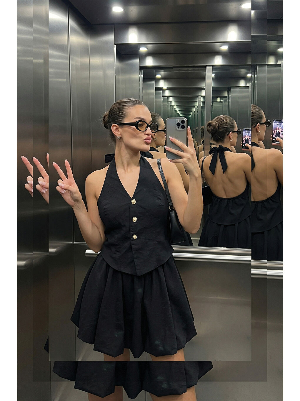 Halter Yaka Yelek Formlu Balon Elbise Siyah