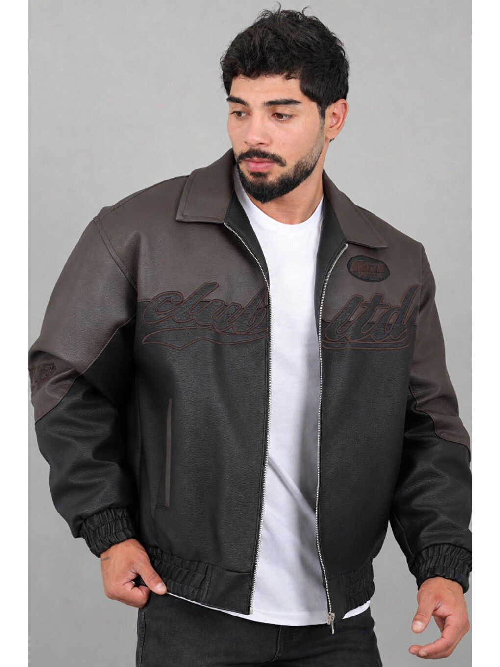 Kahverengi Baskılı Çift Renk Oversize Suni Deri Mont Kmd 882_50531-1