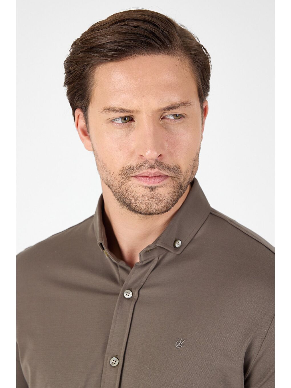 Koyu Haki Kısa Kol Düğmeli Yaka Cepsiz Performans Ürün Slim Fit Büyük Beden Gömlek 1004250256-1