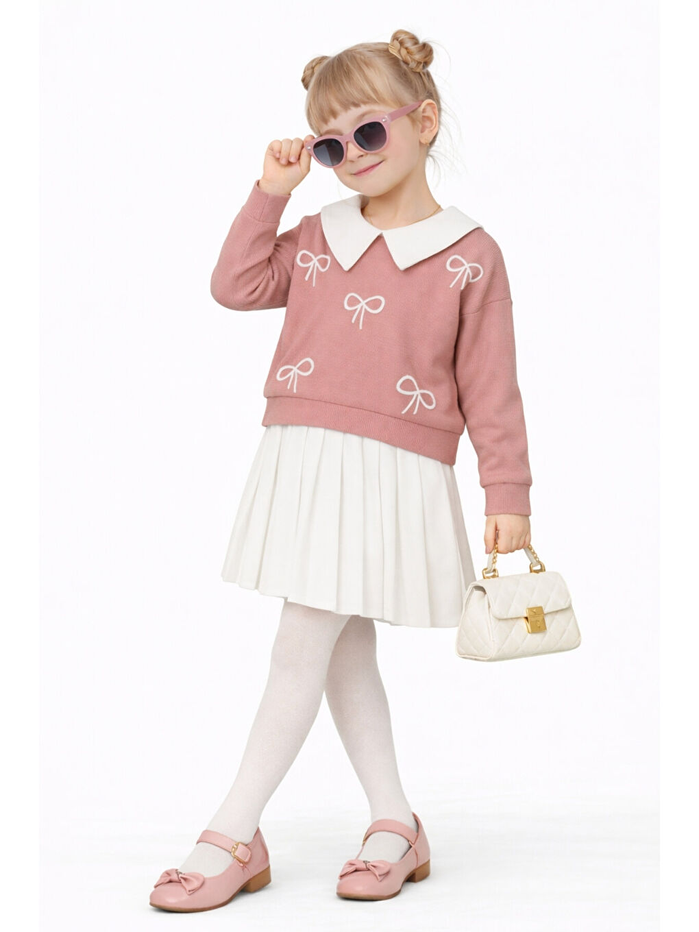 Beyaz Kız Çocuk Yakalı Fiyonklu Sweatshirt Piliseli Etek 2’li Takım Ak14513