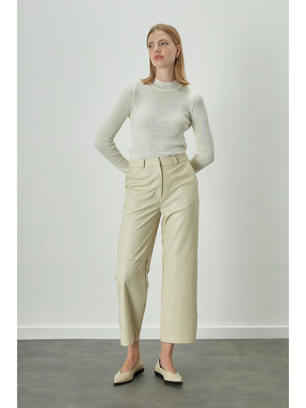 Bej Deri Flare Paça Pantolon Vanilya-4