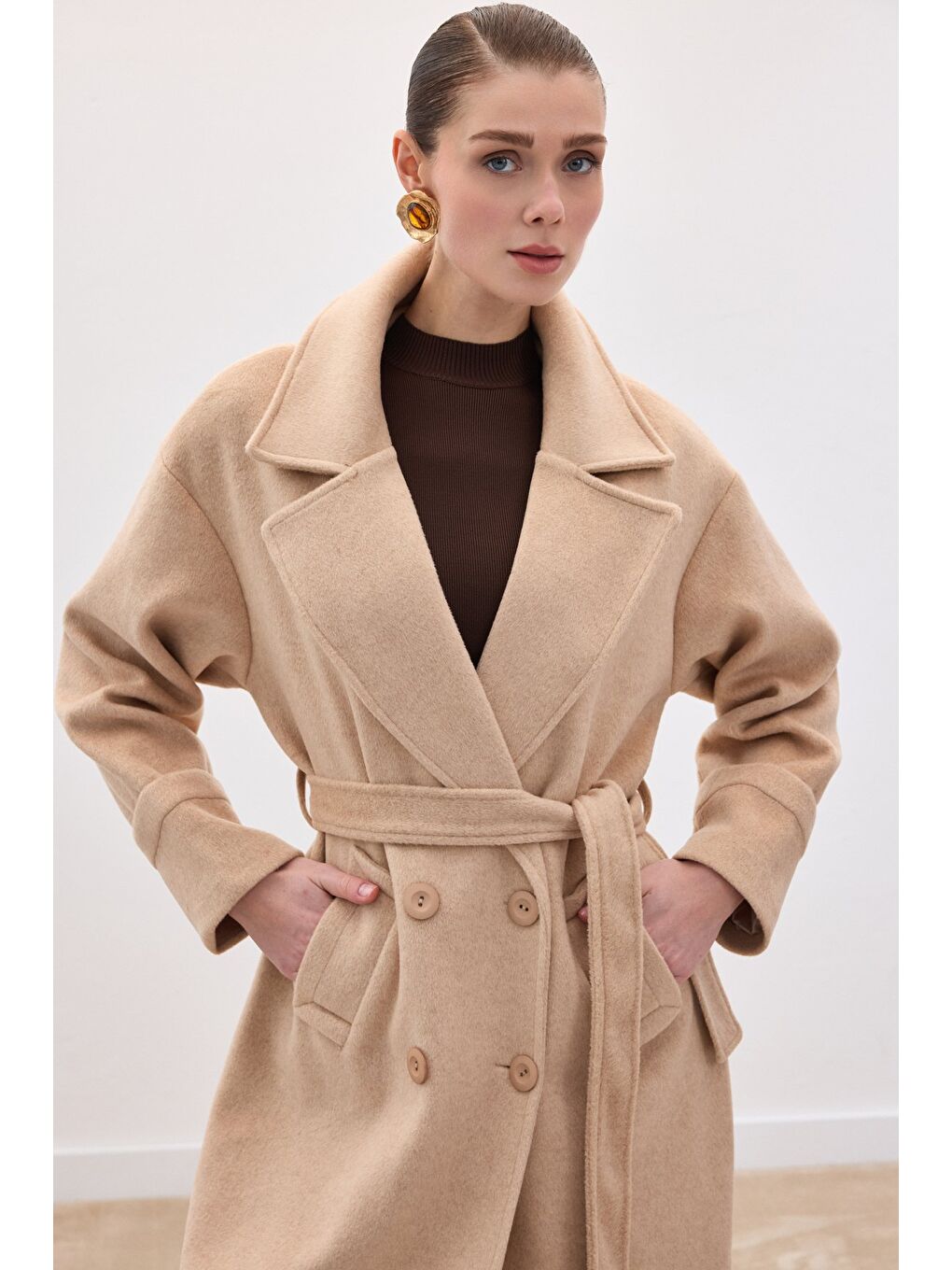 Beli Bağlamalı Uzun Kaban - Bej-4