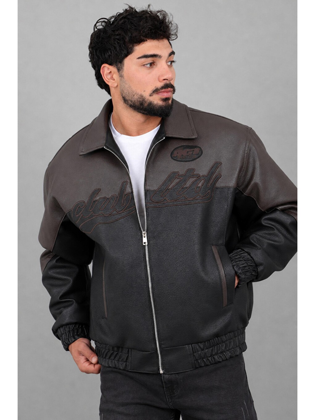 Kahverengi Baskılı Çift Renk Oversize Suni Deri Mont Kmd 882_50531-2