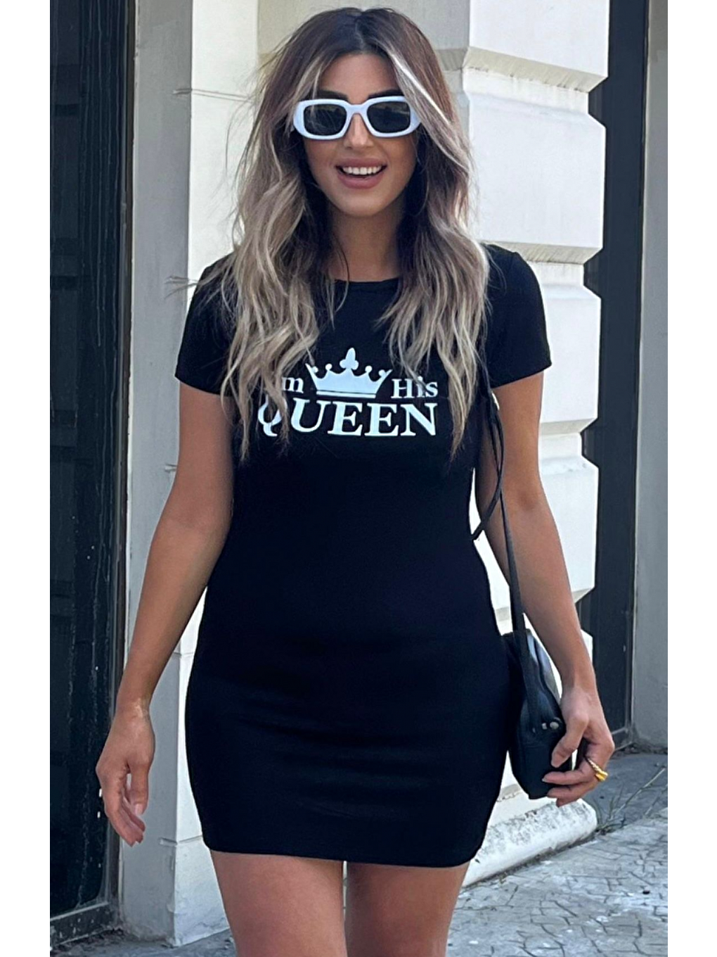 Siyah Kadın Kısa Kollu Queen Baskı Iki Iplik Mini Elbise-2