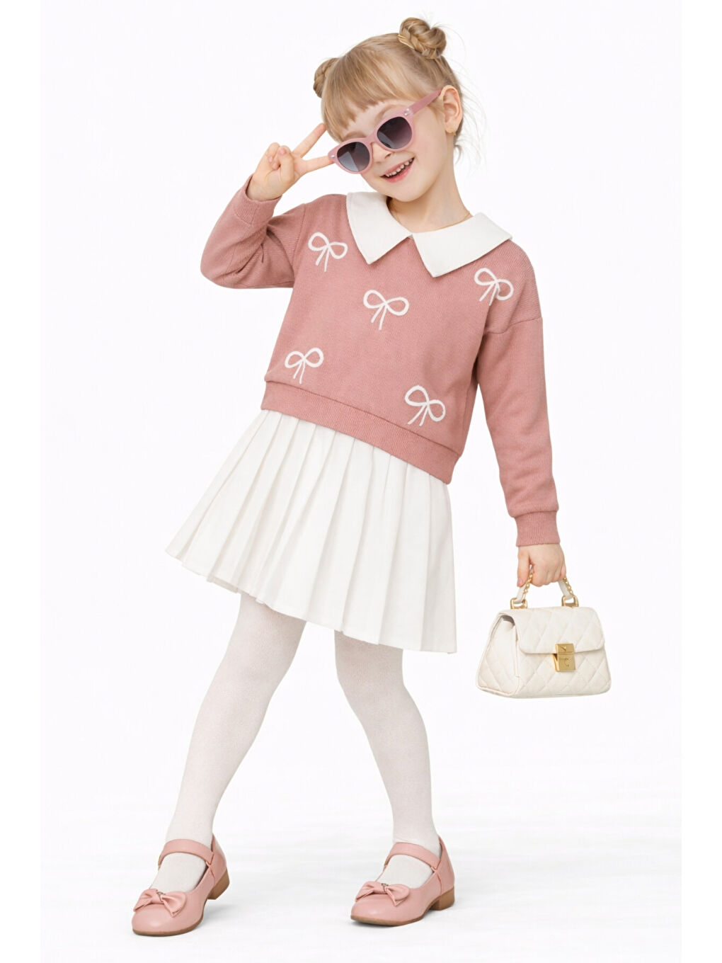 Beyaz Kız Çocuk Yakalı Fiyonklu Sweatshirt Piliseli Etek 2’li Takım Ak14513-1