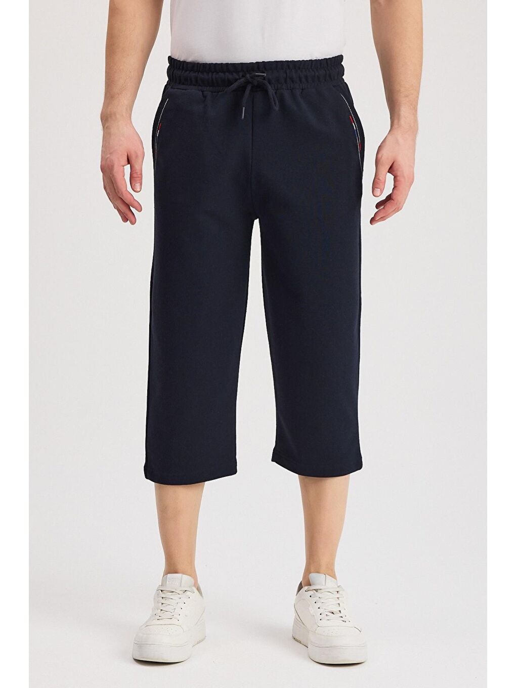 Erkek Yanları Cepli Lacivert Bermuda Diz Altı Kapri Beli Ayarlanabilir Lastikli Uzun Şort MTLCE108