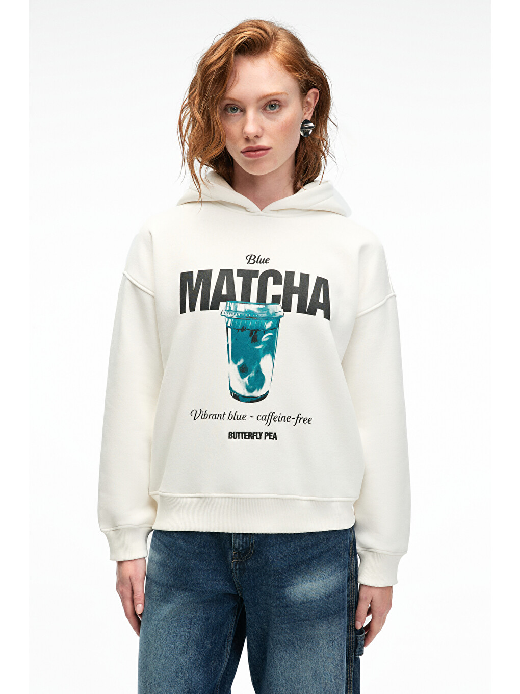 Yanmesa Kadın Oversize Baskı Ve Nakış Detaylı Uzun Kollu Kapüşonlu Beyaz Sweatshirt-1