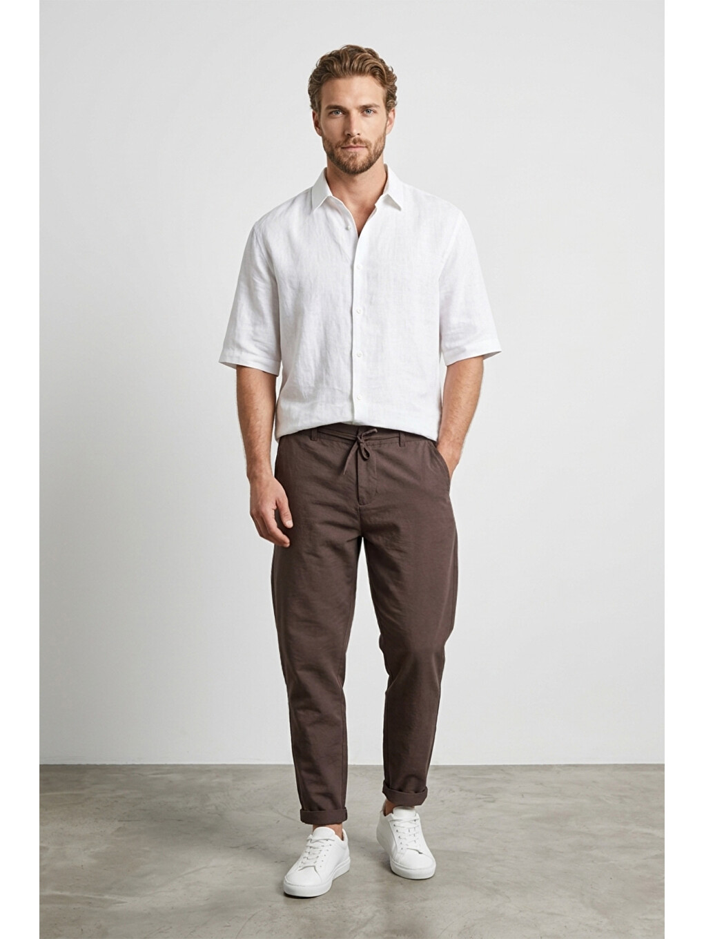 Kahverengi Beli Bağlamalı Duble Paça Jogger Pantolon