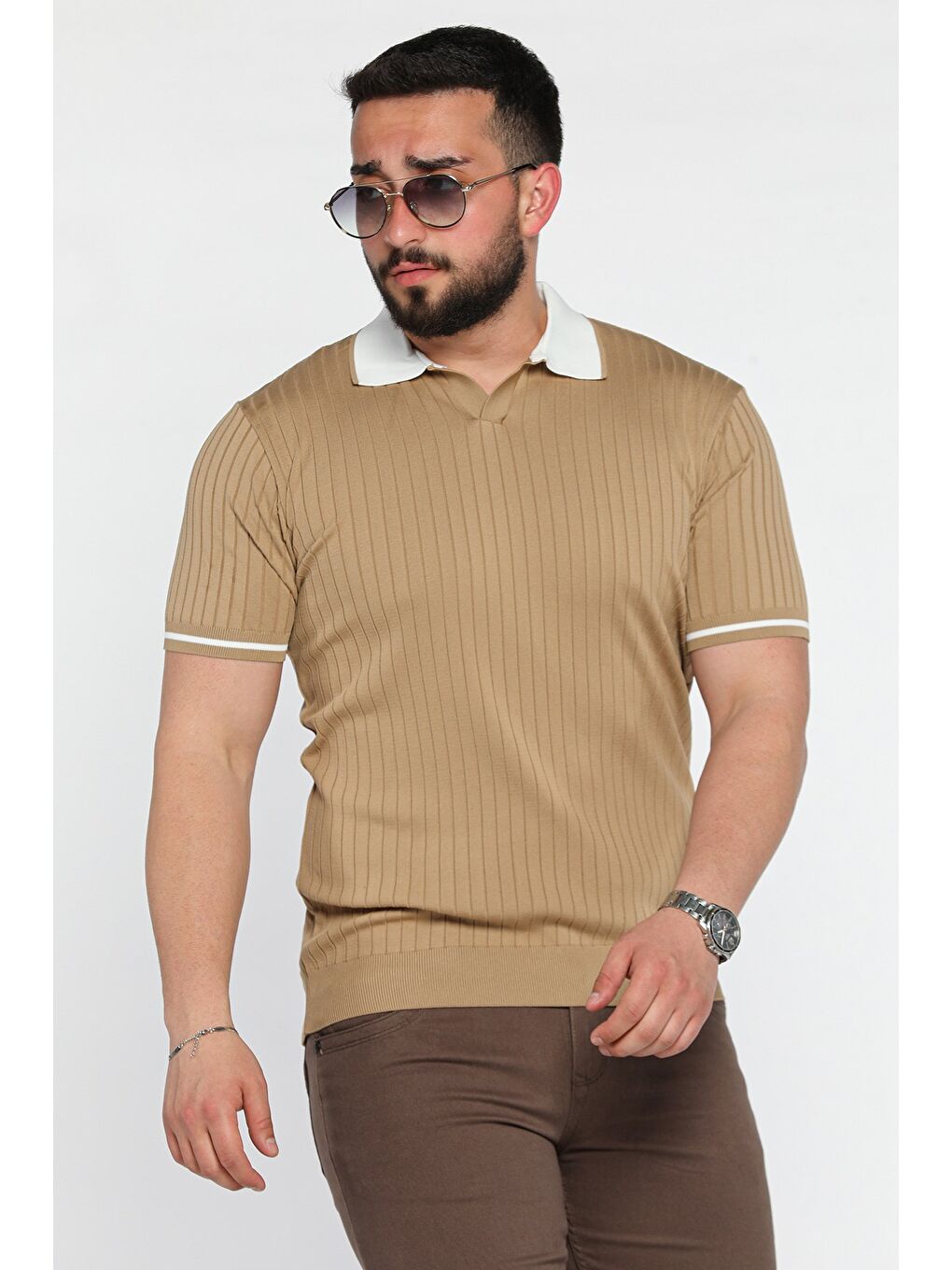 Kahverengi Erkek Polo Yaka Kendinden Çizgi Desenli Triko Tişört