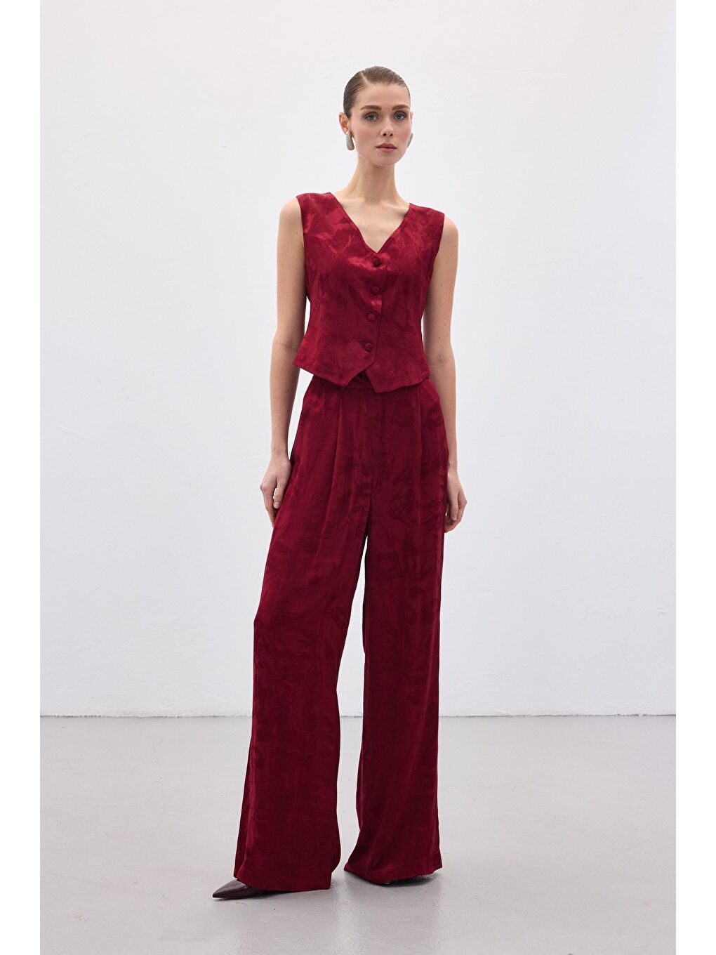 Jakarlı Bol Pantolon - Bordo-4