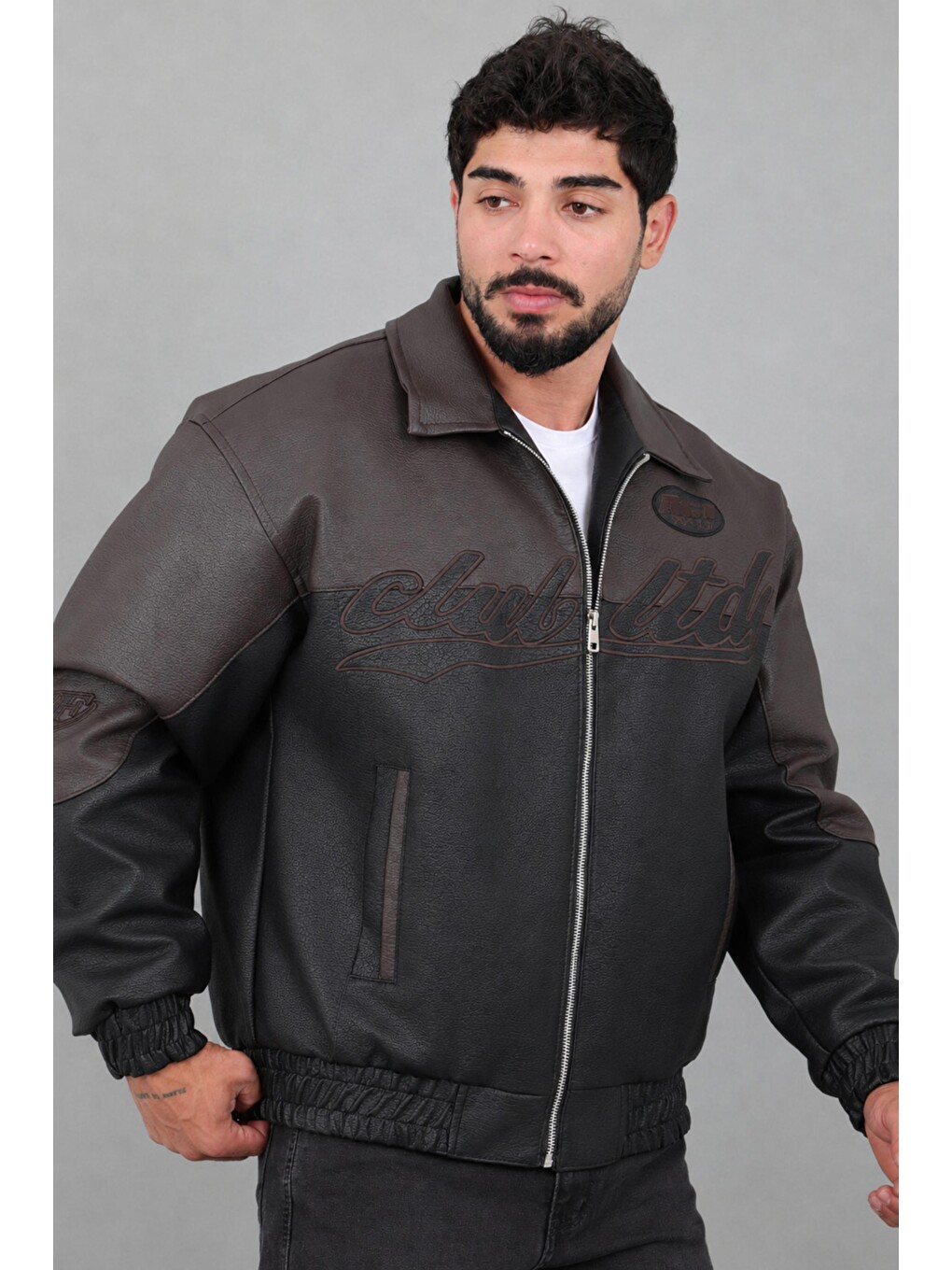 Kahverengi Baskılı Çift Renk Oversize Suni Deri Mont Kmd 882_50531-3