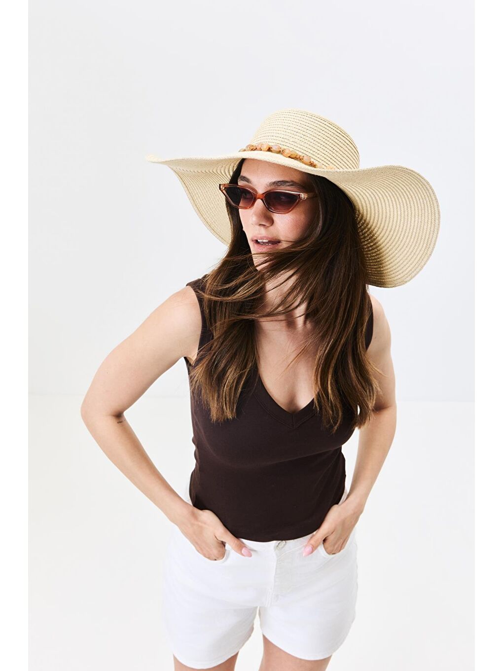 Geniş Kenar Hasır Plaj Şapkası Y25730-12 Bej-1