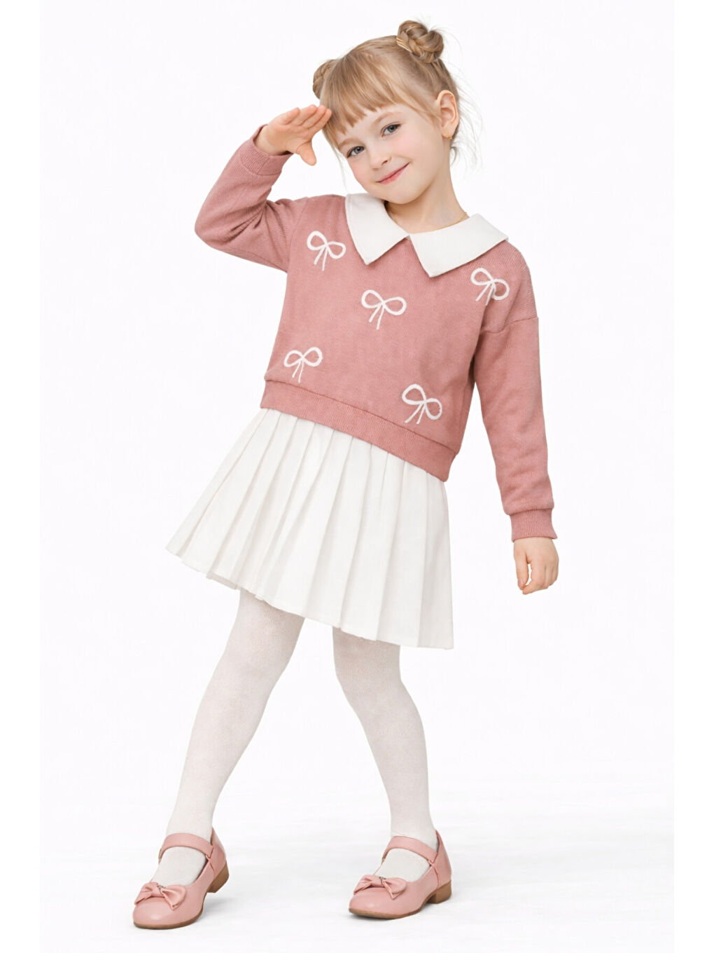 Beyaz Kız Çocuk Yakalı Fiyonklu Sweatshirt Piliseli Etek 2’li Takım Ak14513-2