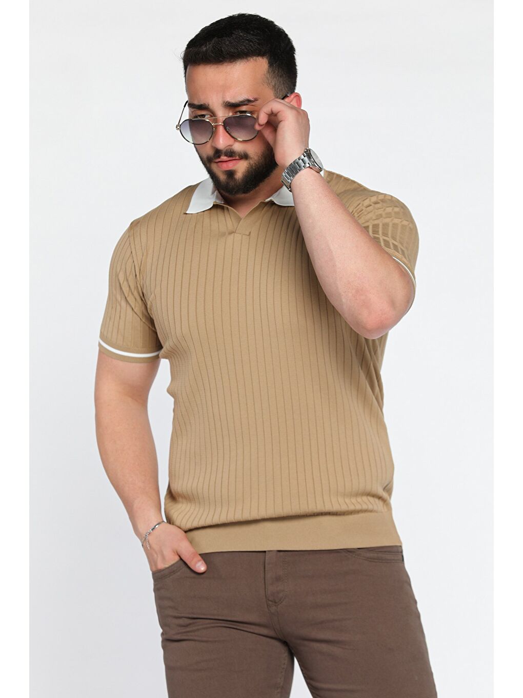 Kahverengi Erkek Polo Yaka Kendinden Çizgi Desenli Triko Tişört-1