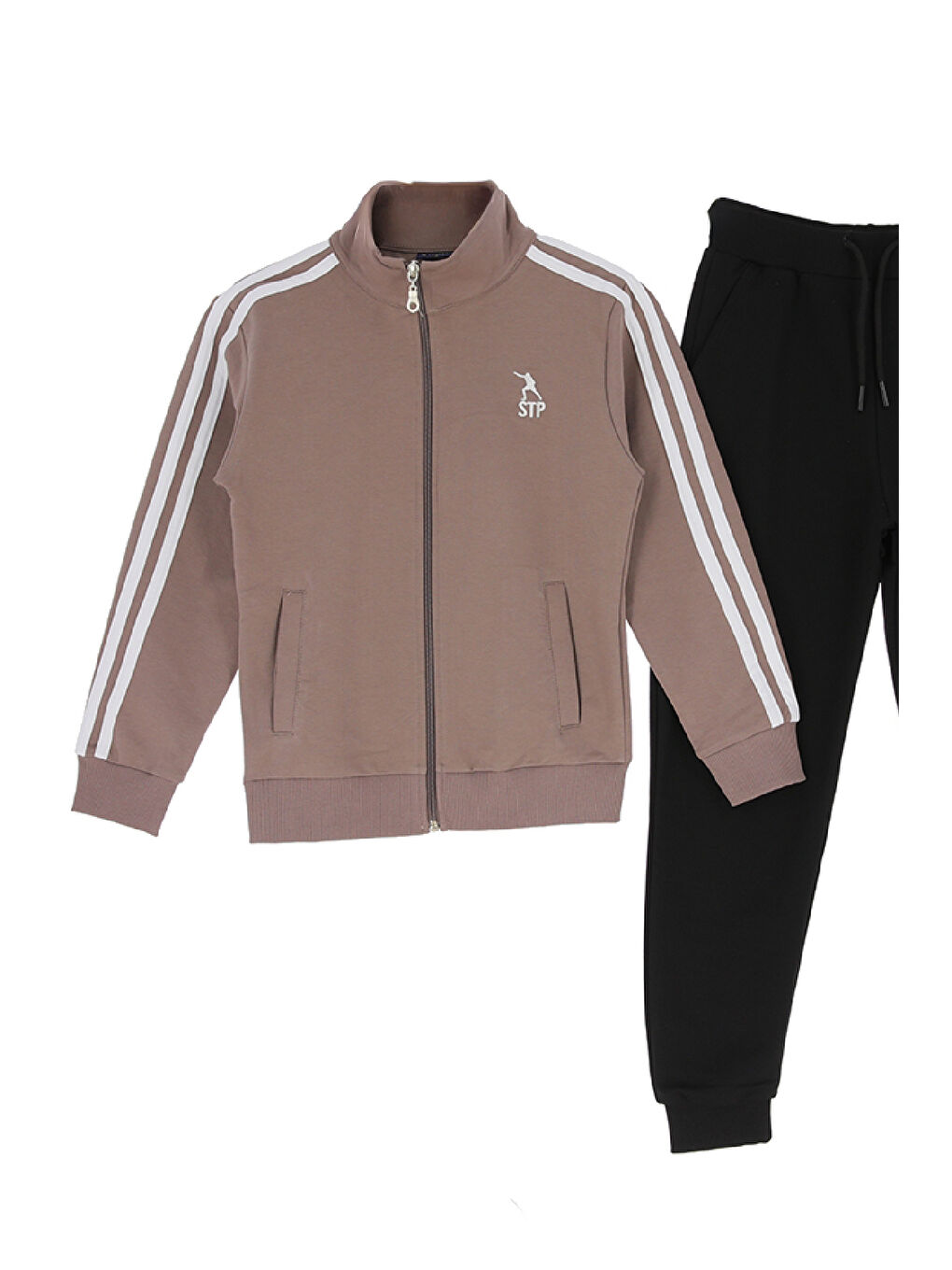 Kahverengi Kız Çocuk Eşofman Takımı-Fermuarlı-Hakim Yaka-Şerit Detaylı 12-16 Yaş 12379-1