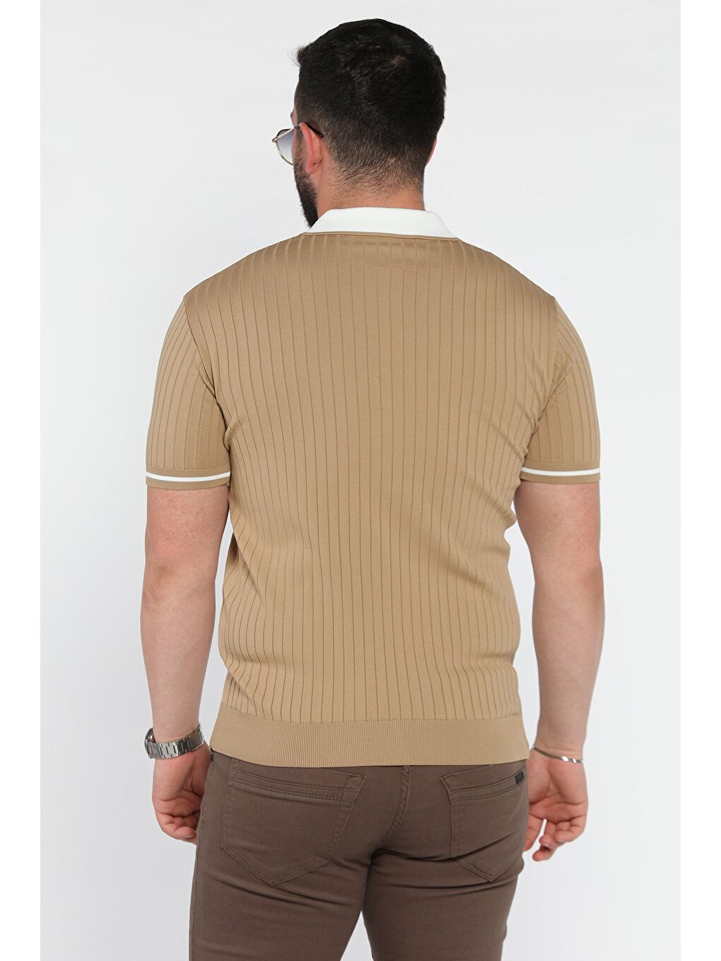 Kahverengi Erkek Polo Yaka Kendinden Çizgi Desenli Triko Tişört-2