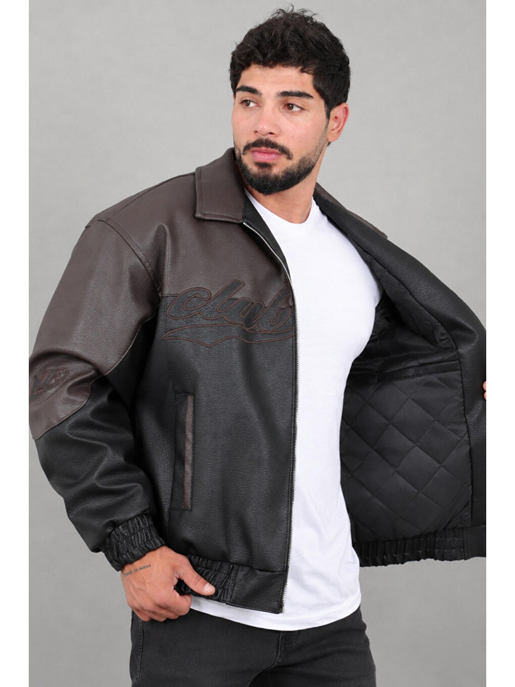 Kahverengi Baskılı Çift Renk Oversize Suni Deri Mont Kmd 882_50531-4