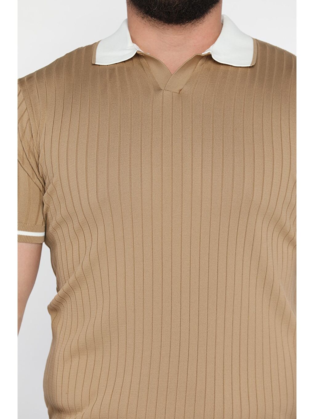 Kahverengi Erkek Polo Yaka Kendinden Çizgi Desenli Triko Tişört-3