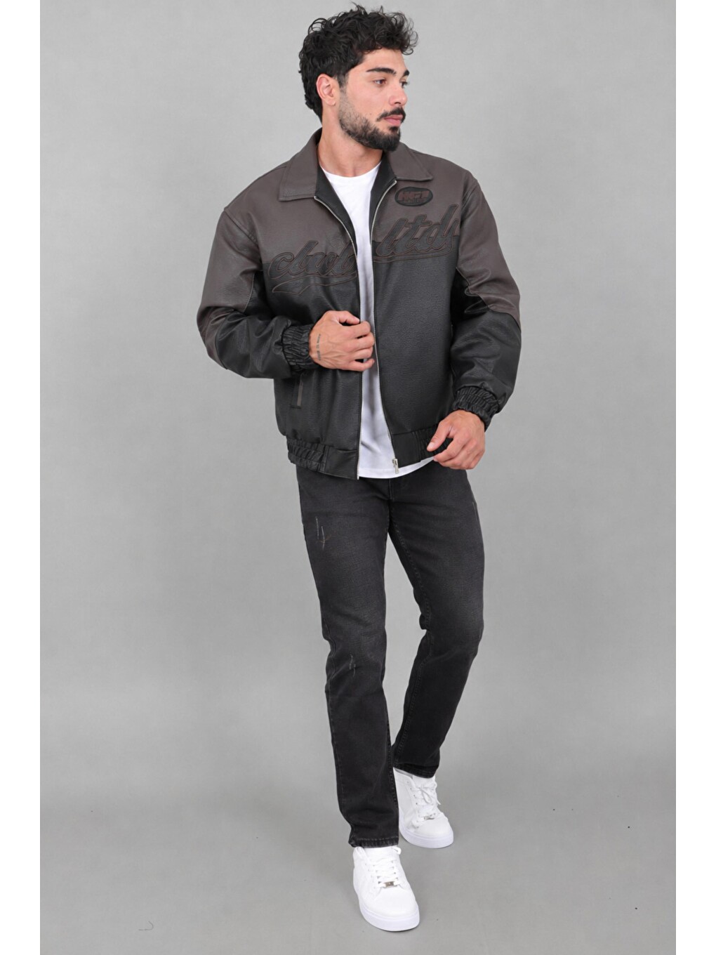 Kahverengi Baskılı Çift Renk Oversize Suni Deri Mont Kmd 882_50531-5