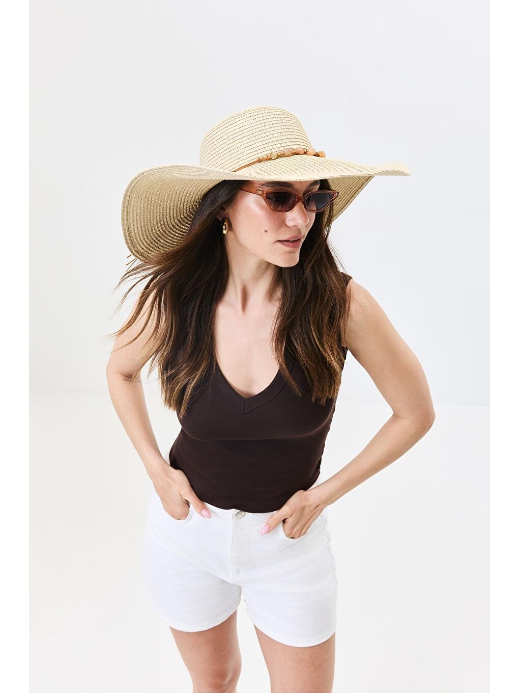 Geniş Kenar Hasır Plaj Şapkası Y25730-12 Bej
