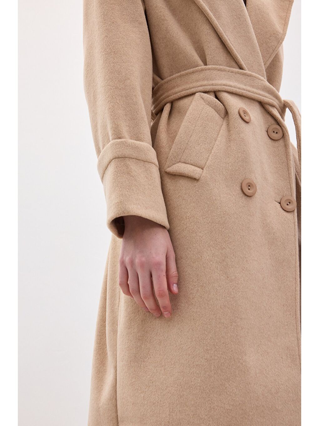 Beli Bağlamalı Uzun Kaban - Bej-6