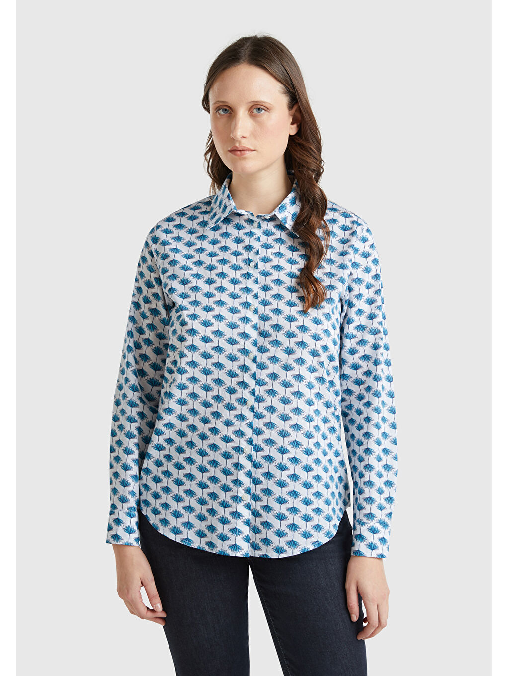 Kadın Mavi %100 Pamuk Desenli Manşetli Regular Fit Müslin Gömlek