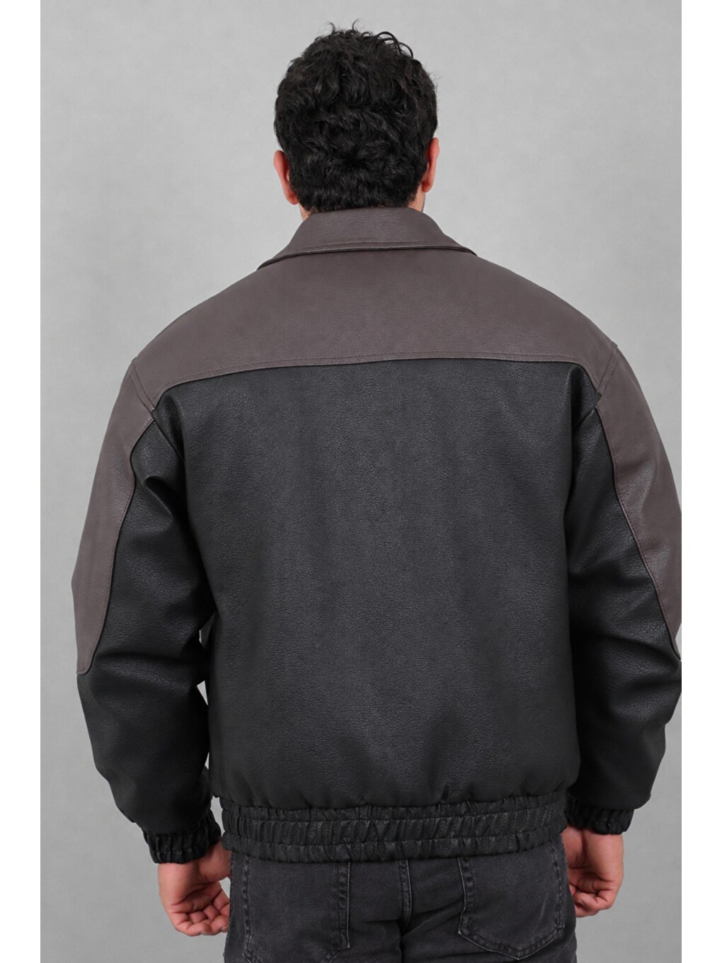 Kahverengi Baskılı Çift Renk Oversize Suni Deri Mont Kmd 882_50531-6