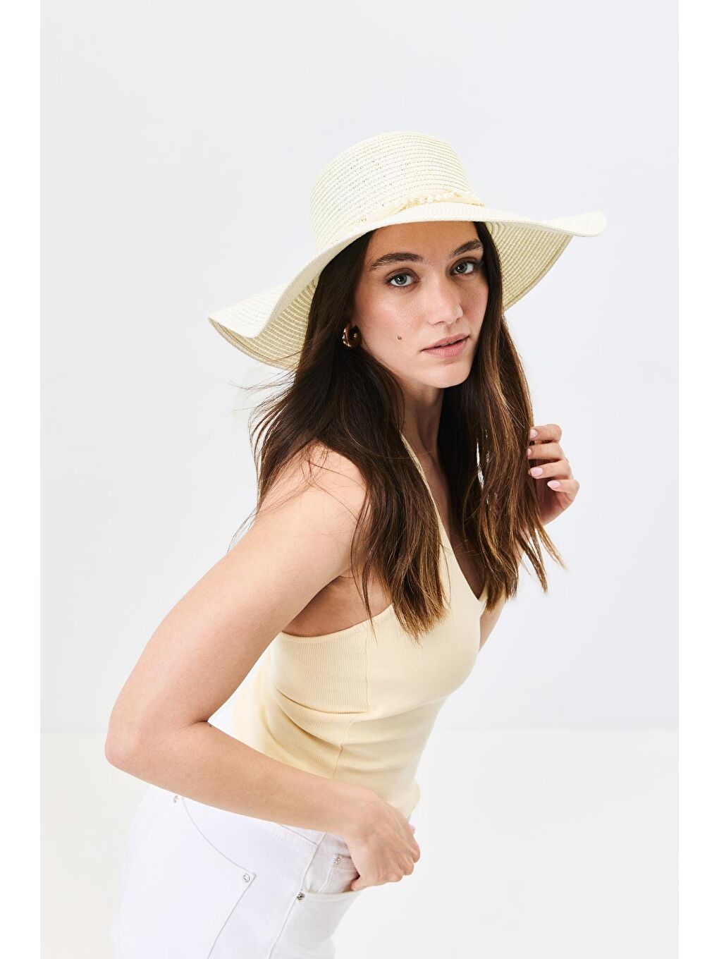 Ekru Geniş Kenar Hasır Plaj Şapkası Y25730-09 Krem-1