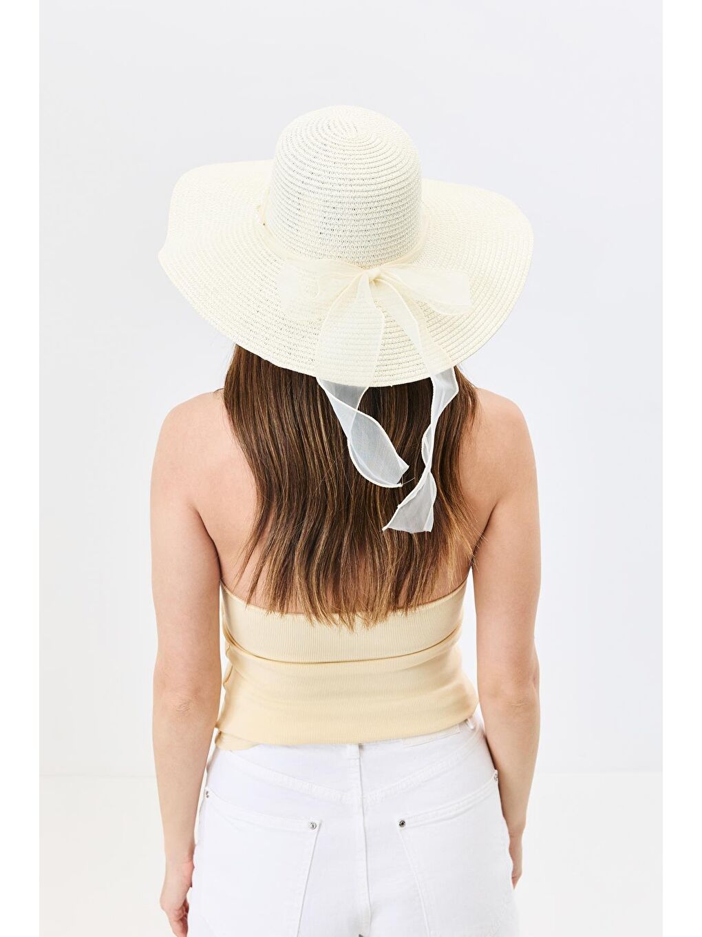 Ekru Geniş Kenar Hasır Plaj Şapkası Y25730-09 Krem-2