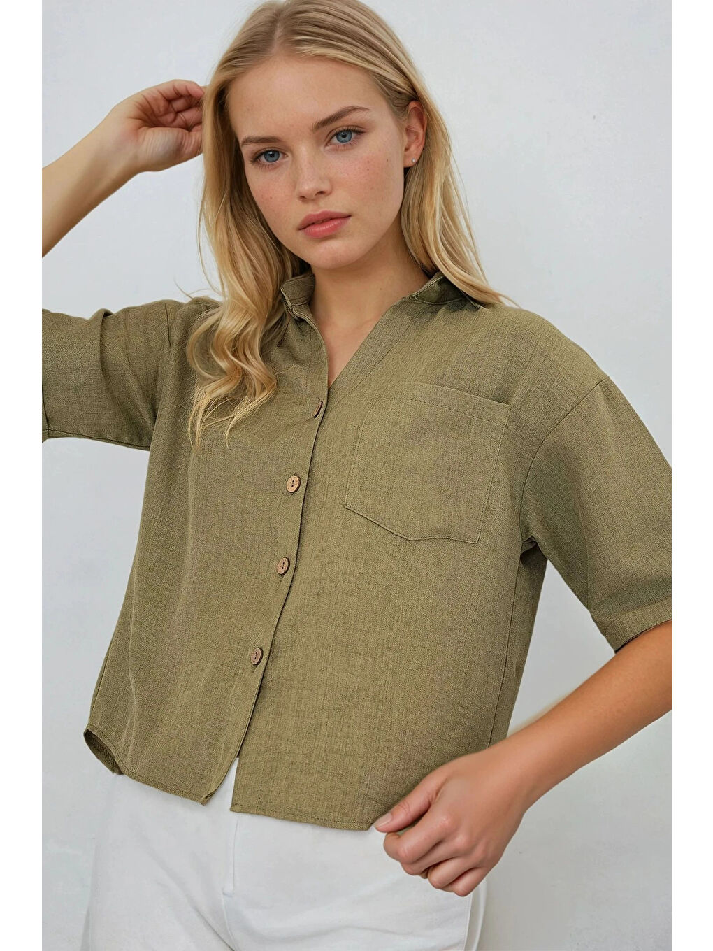 Kadın Haki Keten Görünümlü Crop Gömlek HZL25S-BD1203391