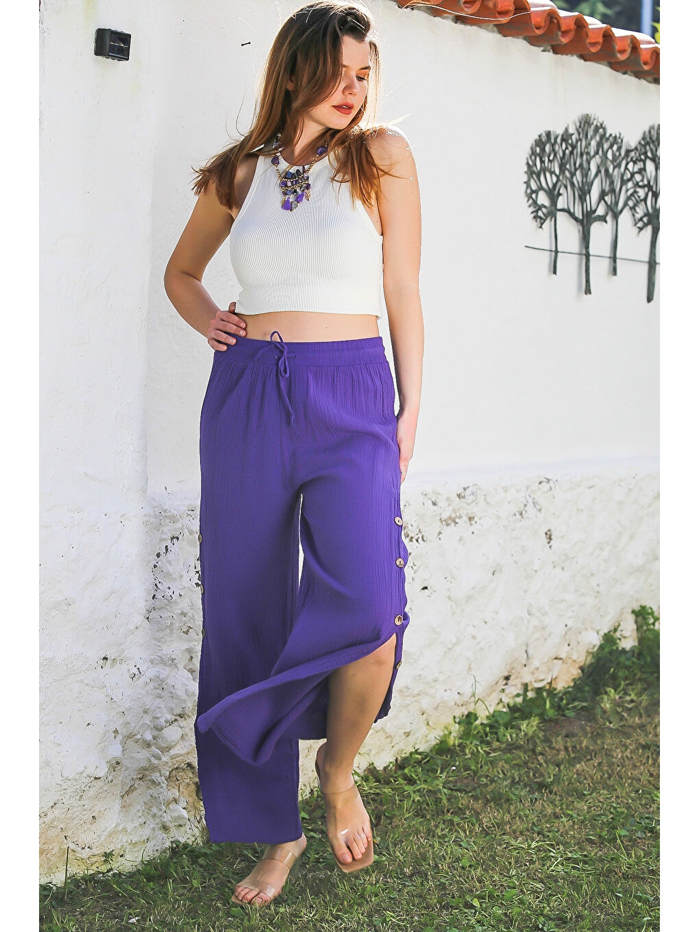 Bej Cepli Yıkamalı Allover Baskılı Lastikli Ve Bağlamalı Bel Şalvar Paça Dokuma Pantolon 90 65-6