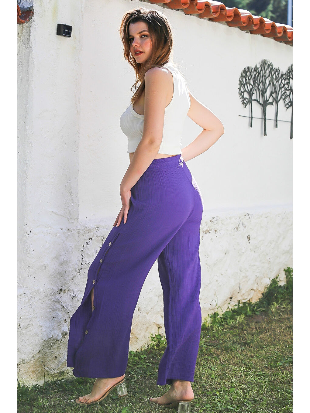 Bej Cepli Yıkamalı Allover Baskılı Lastikli Ve Bağlamalı Bel Şalvar Paça Dokuma Pantolon 90 65-7