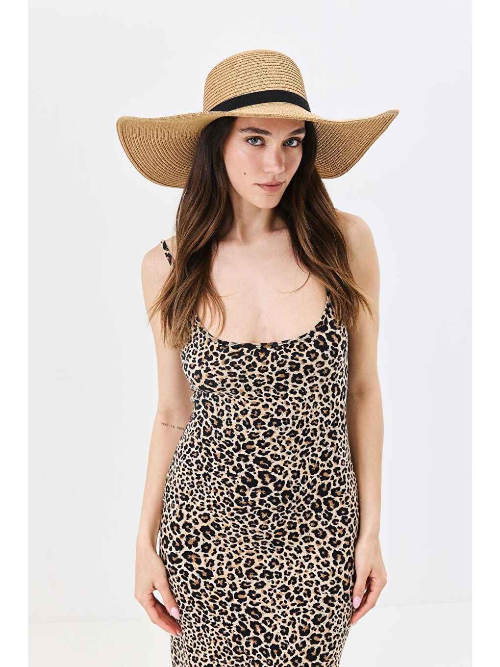 Bej Geniş Kenar Hasır Plaj Şapkası Y25730-08 Vizon