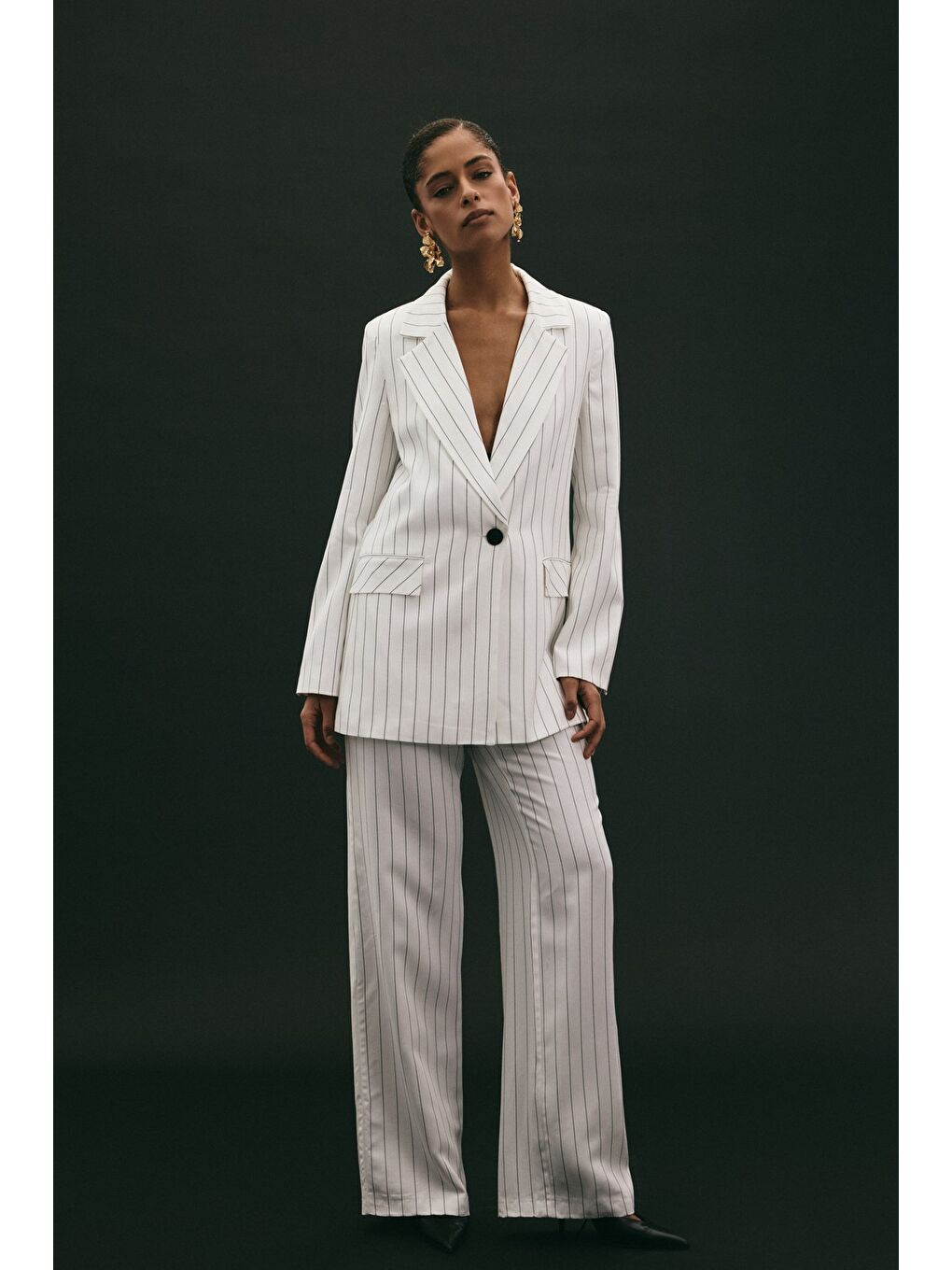 Rina Çizgili Pantolon - Ekru