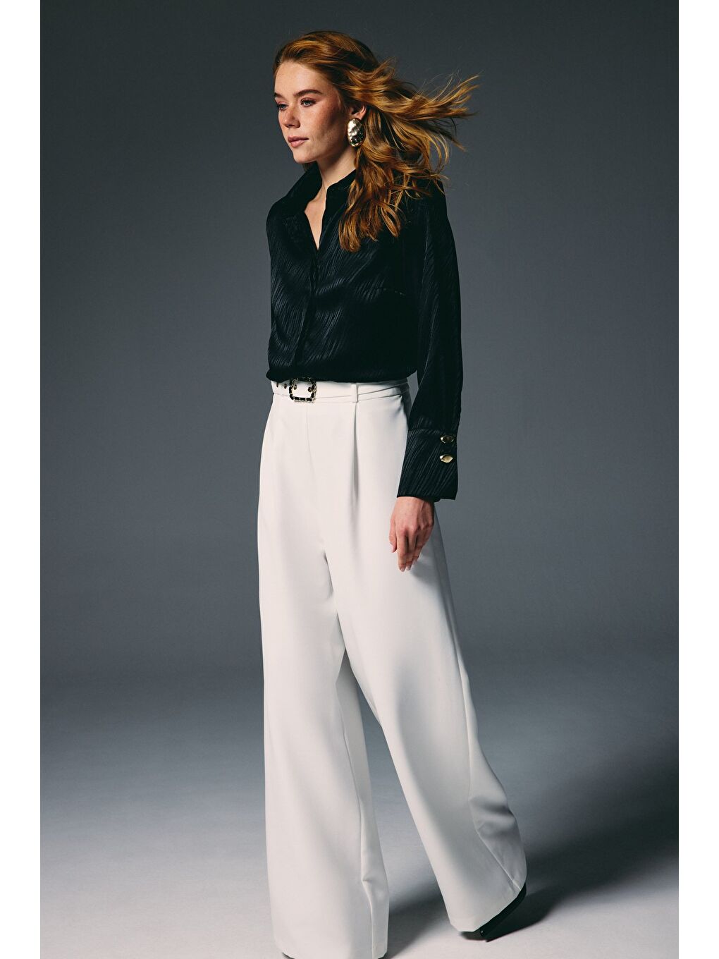 Kemerli Bol Pantolon - Ekru-2