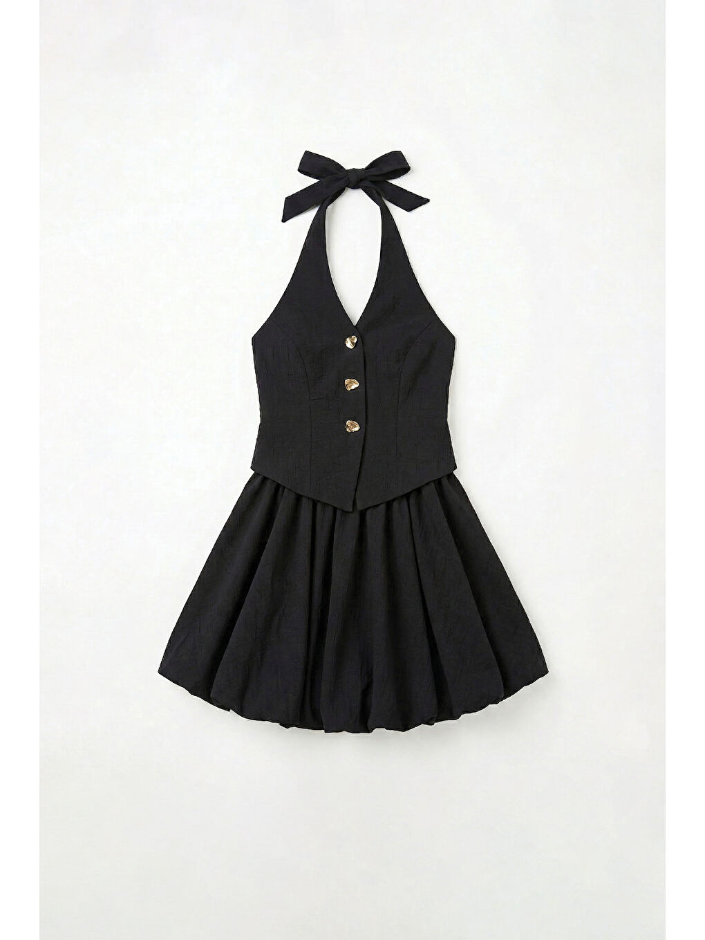 Halter Yaka Yelek Formlu Balon Elbise Siyah-1