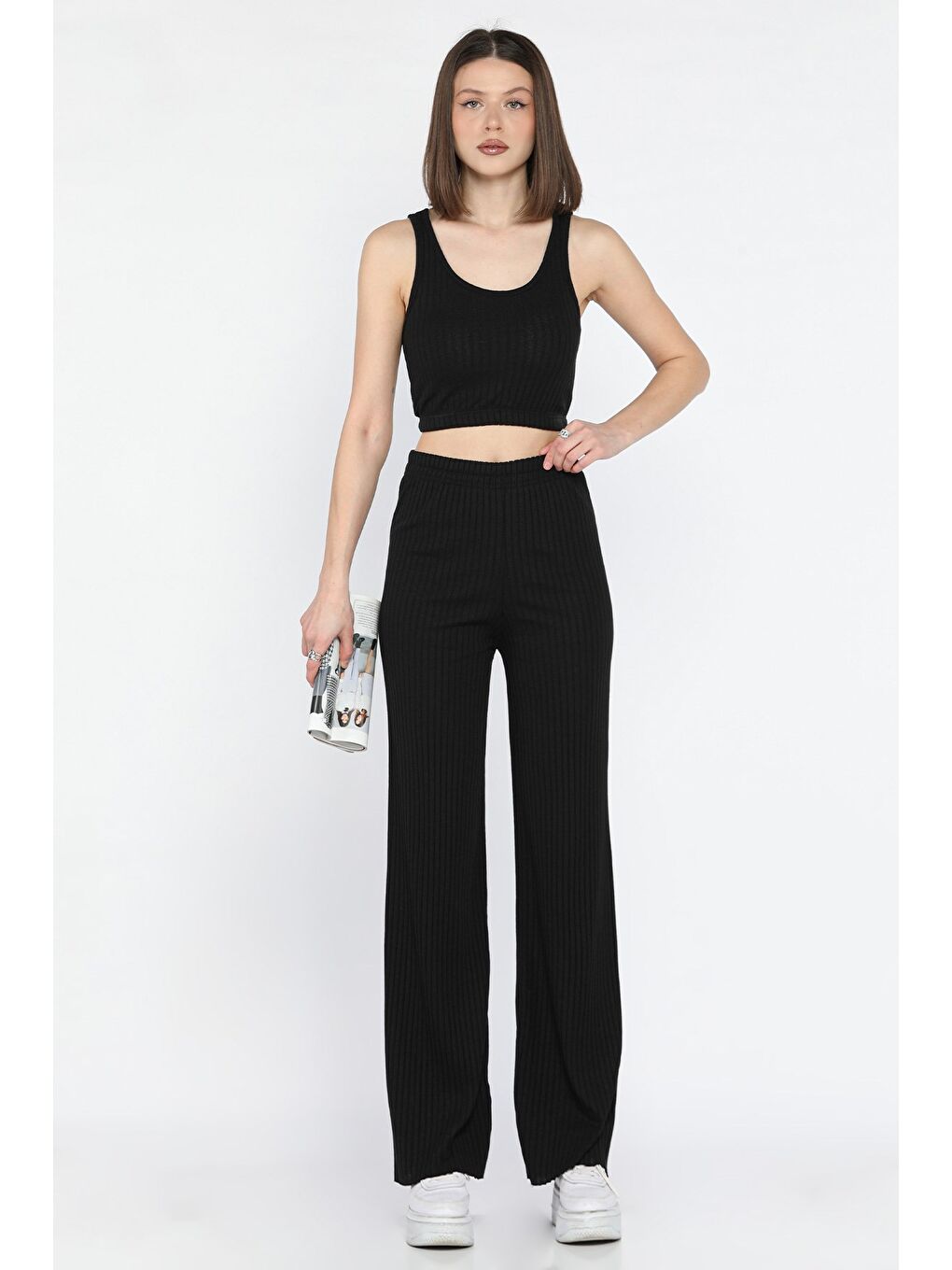 Siyah Kadın Sıfır Kol Crop Top Bluz Pantolon İkili Takım