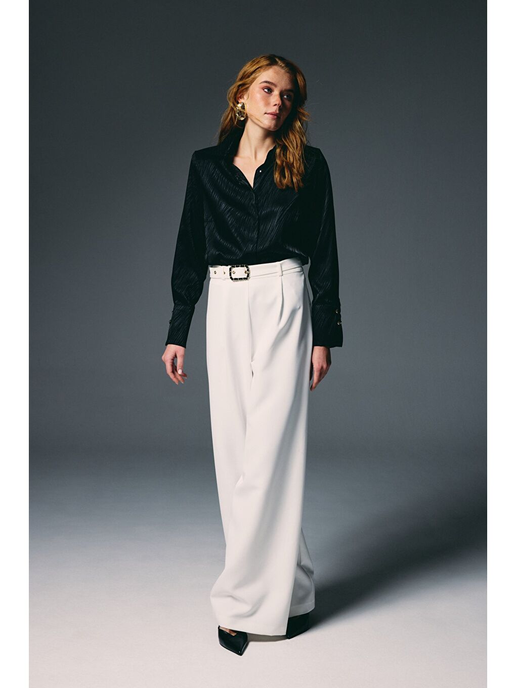 Kemerli Bol Pantolon - Ekru-3