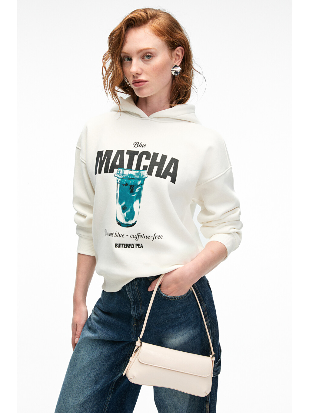 Yanmesa Kadın Oversize Baskı Ve Nakış Detaylı Uzun Kollu Kapüşonlu Beyaz Sweatshirt-3