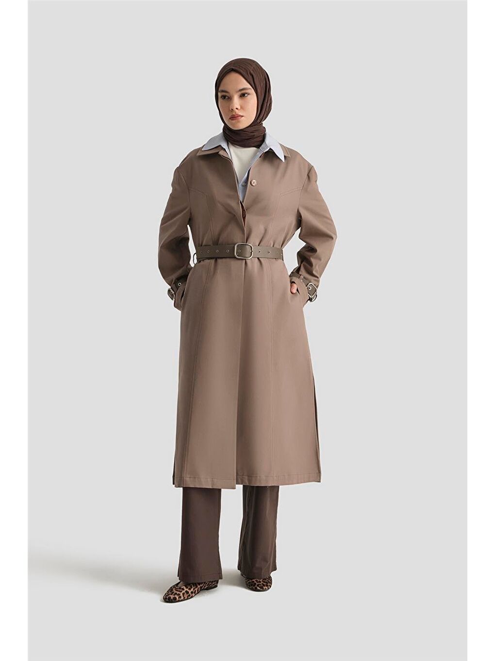 Bej Kemerli Trençkot 25Y7803 Koyu Vizon-1