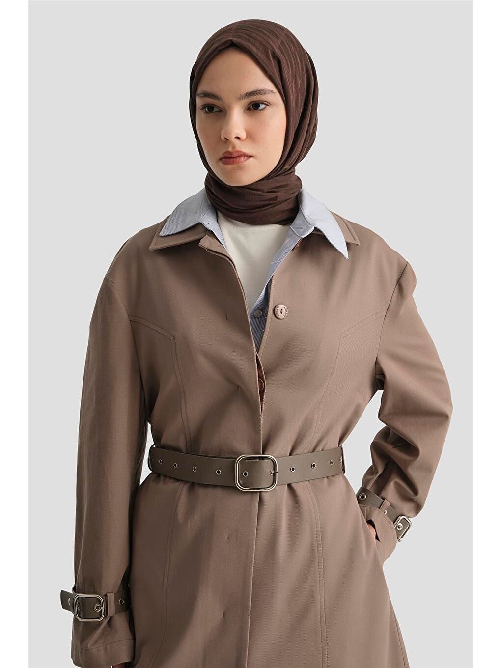 Bej Kemerli Trençkot 25Y7803 Koyu Vizon-2