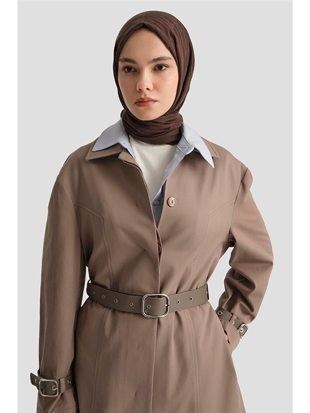 Bej Kemerli Trençkot 25Y7803 Koyu Vizon-3