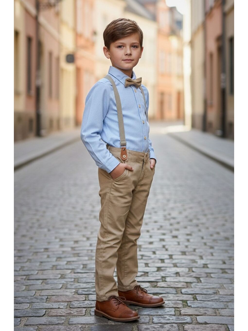 Sarı Erkek Çocuk Askılı Papyonlu İkili Takım