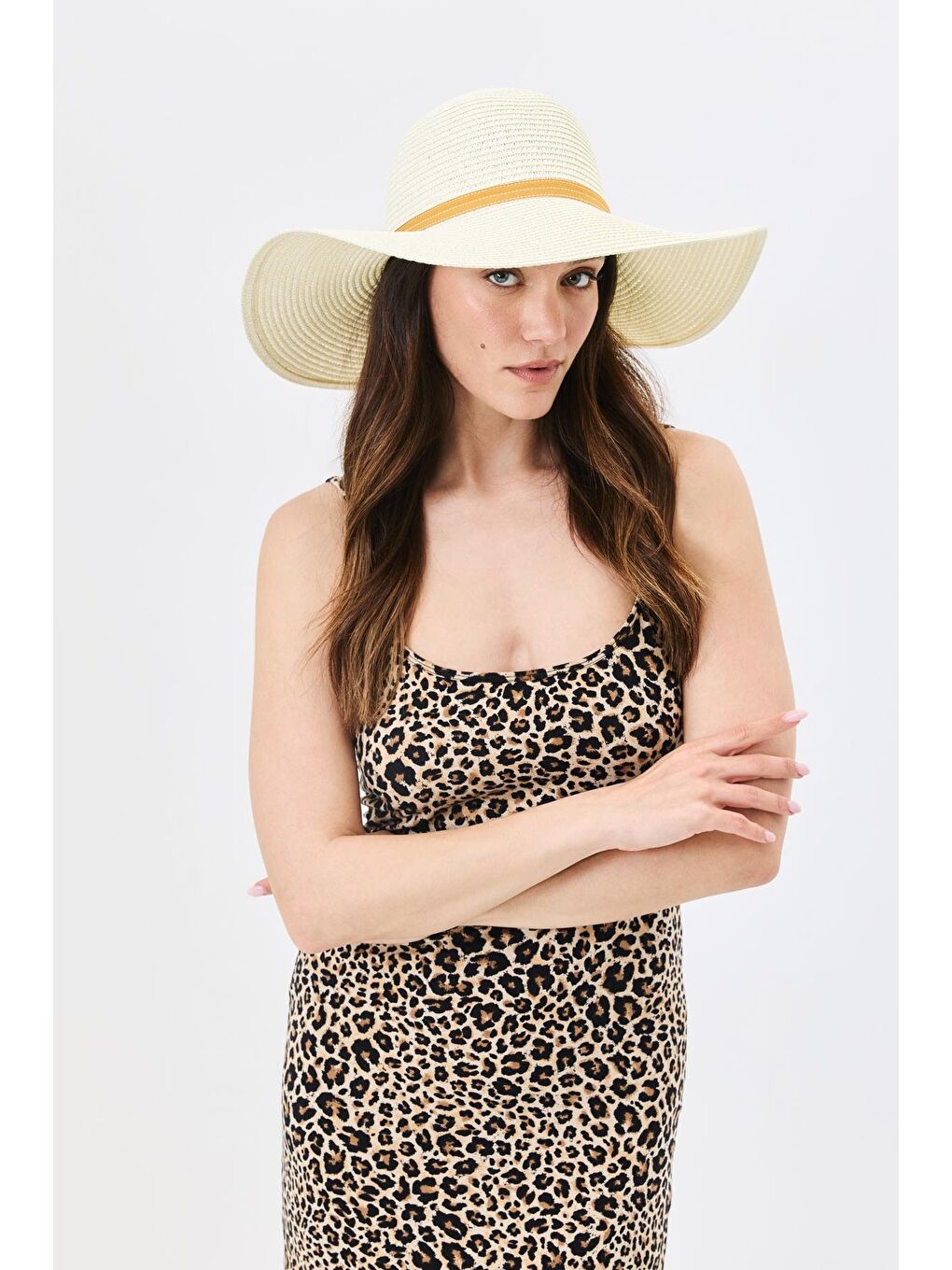 Ekru Geniş Kenar Hasır Plaj Şapkası Y25730-02 Krem