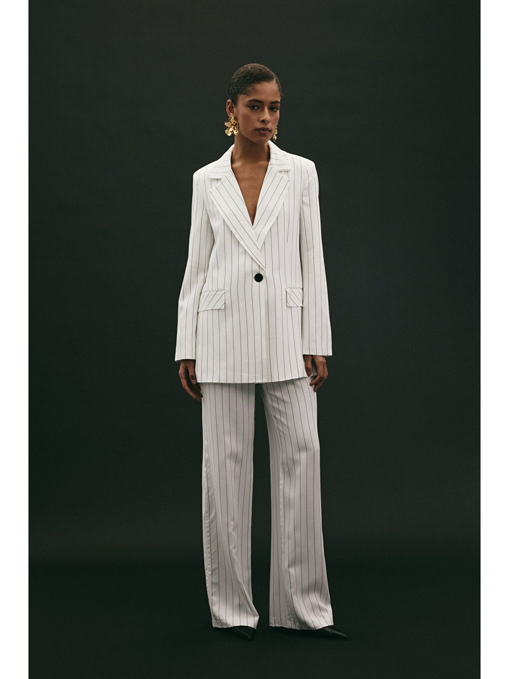 Rina Çizgili Pantolon - Ekru-1