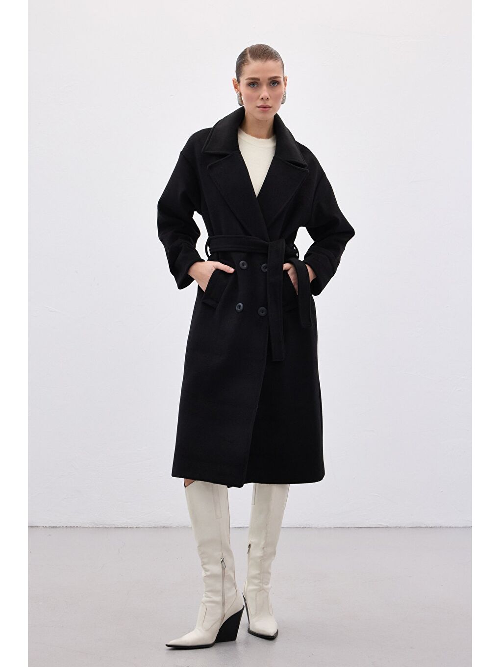 Beli Bağlamalı Uzun Kaban - Siyah-1