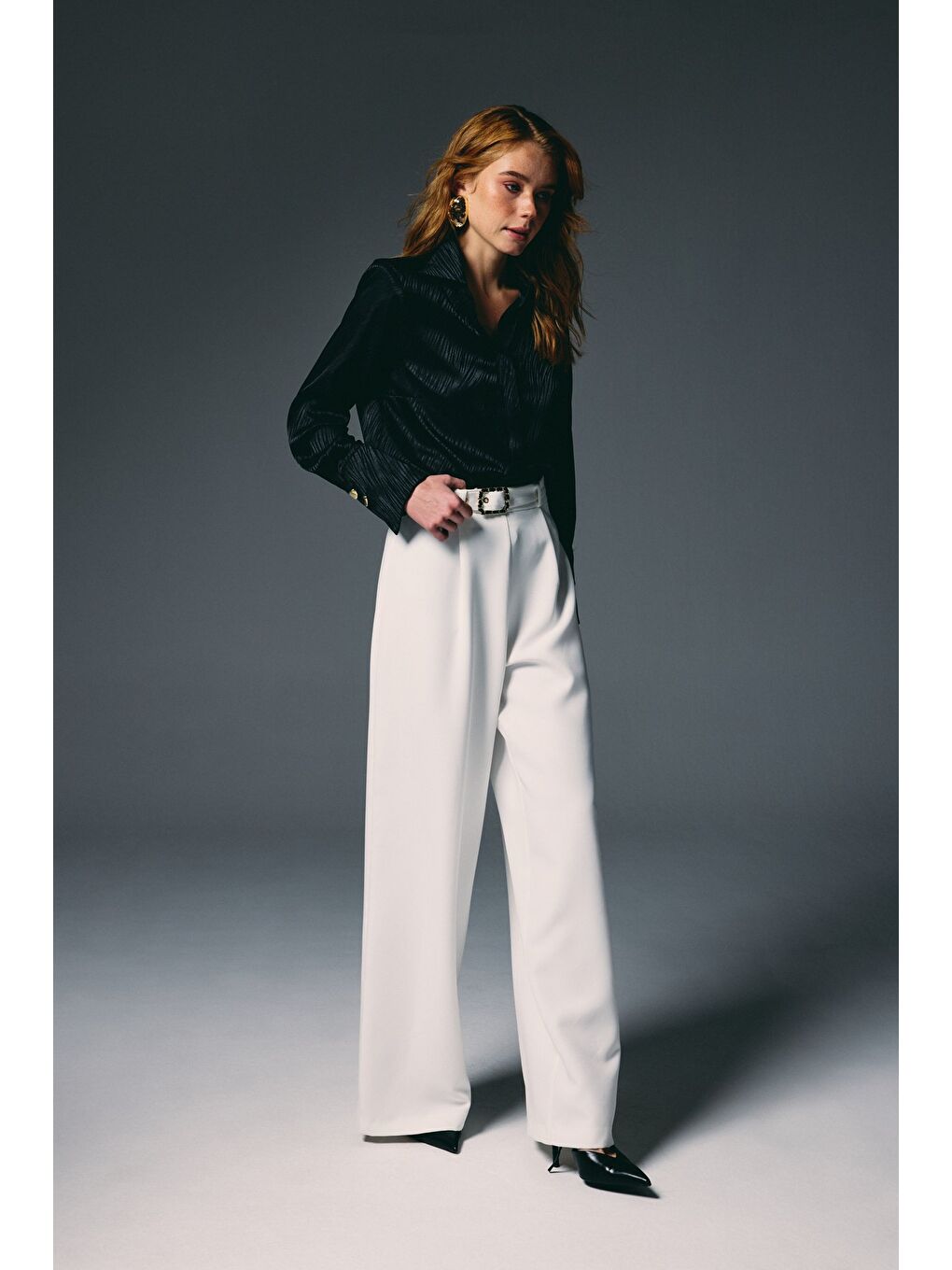 Kemerli Bol Pantolon - Ekru-4