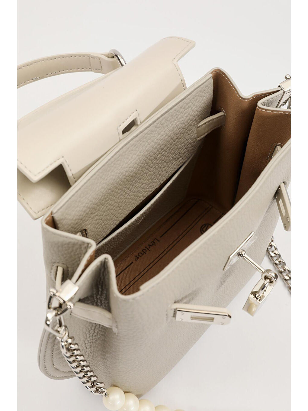 Ekru Premium Zincir ve Deri Askı Charm Detay Yumuşak Deri Çanta 930369 Krem-3