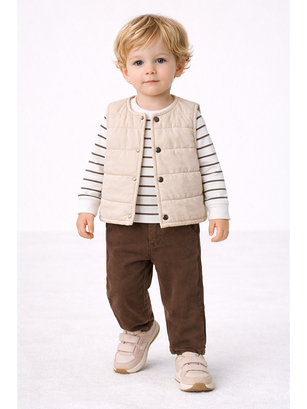 Kahverengi Erkek Bebek 3’lü Takım 9-24 Ay Şişme Yelek %100 Pamuk Sweatshirt Kadife Pantolon