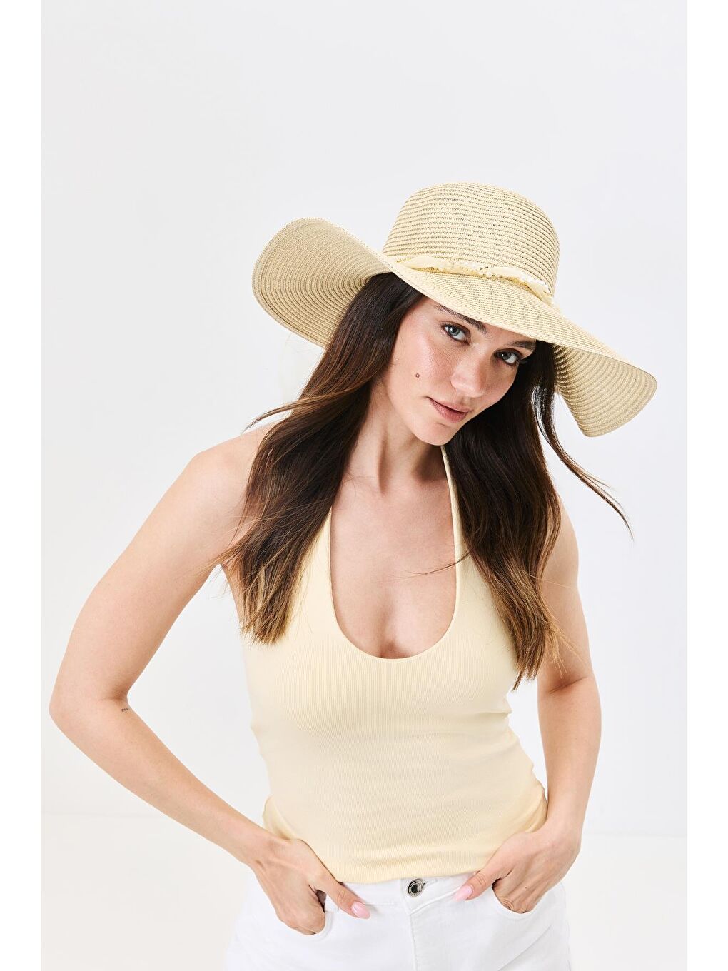 Geniş Kenar Hasır Plaj Şapkası Y25730-09 Orta Bej